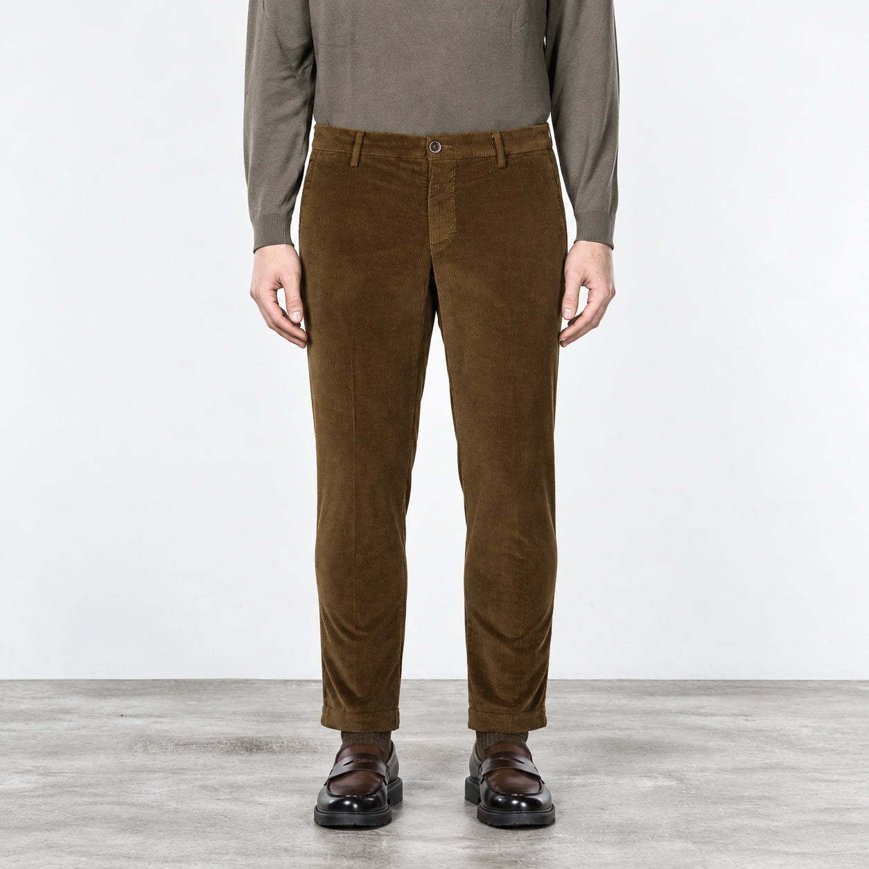 Cognac Brown Corduroy Cotton Stretch Slim Fit Chino Pants - Mason's