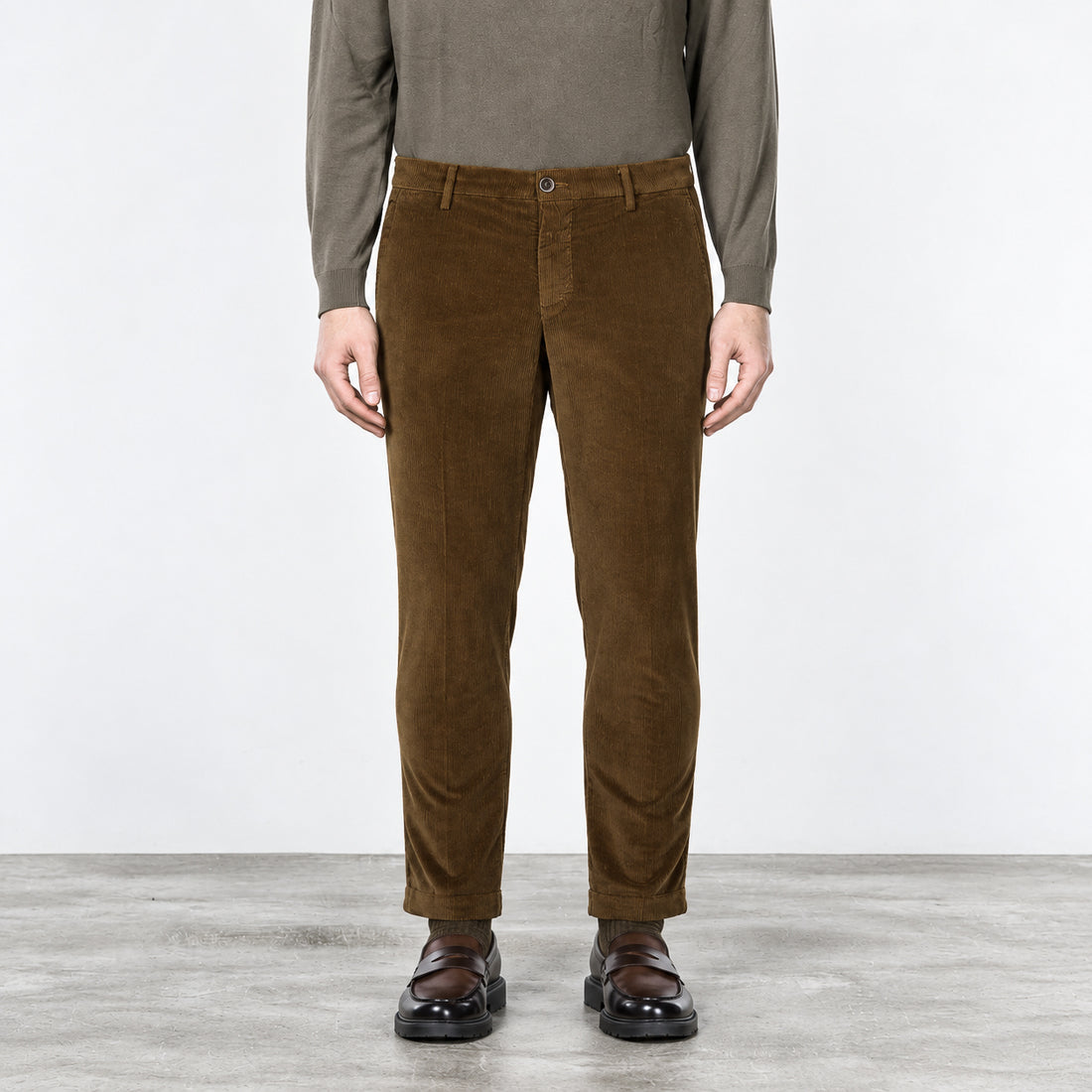 Cognac Brown Corduroy Cotton Stretch Slim Fit Chino Pants - Mason's