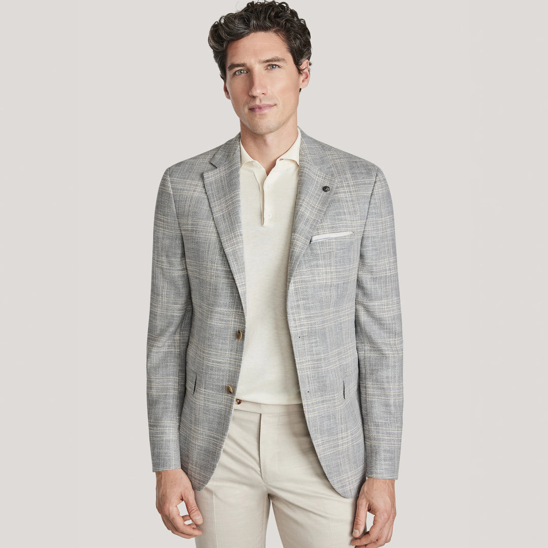 Light Gray Check Wool/Silk/Cotton Midland Contemporary Fit Sport Jacket - Jack Victor