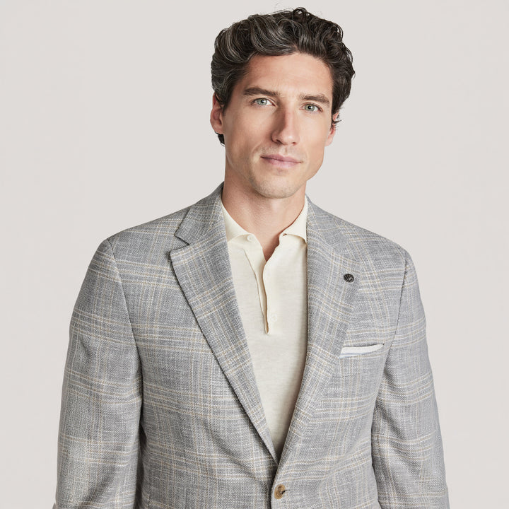 Light Gray Check Wool/Silk/Cotton Midland Contemporary Fit Sport Jacket - Jack Victor