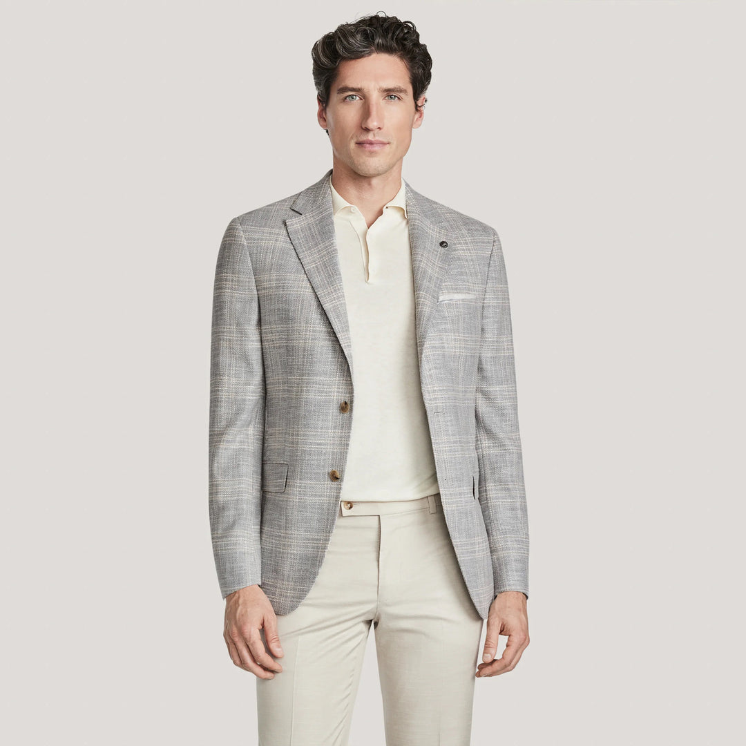 Light Gray Check Wool/Silk/Cotton Midland Contemporary Fit Sport Jacket - Jack Victor
