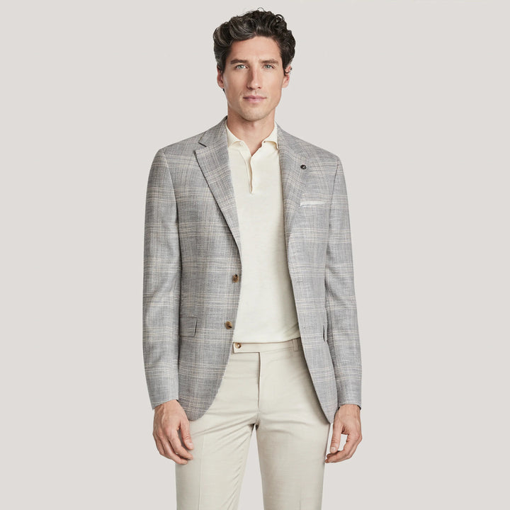 Light Gray Check Wool/Silk/Cotton Midland Contemporary Fit Sport Jacket - Jack Victor
