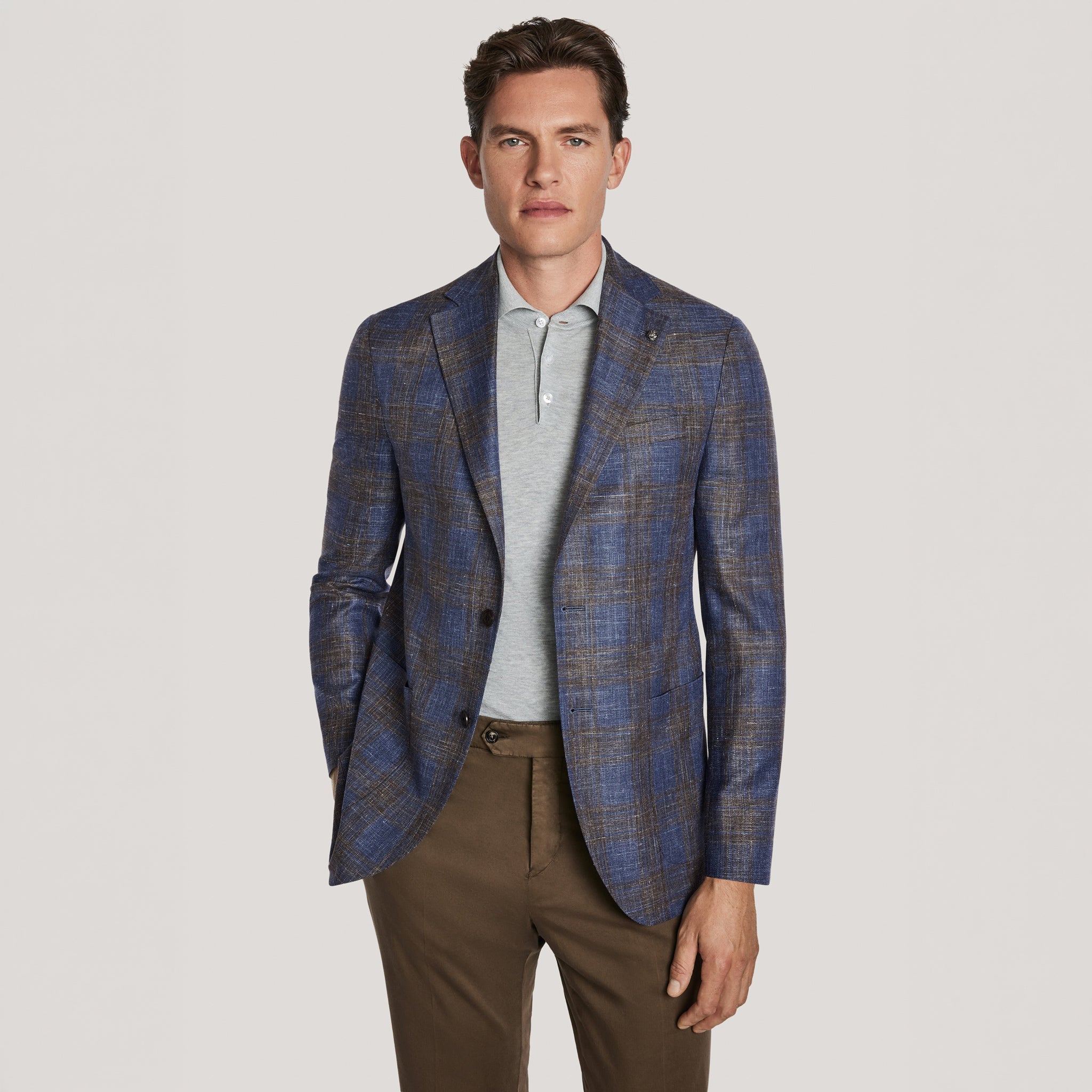Blue & Brown Plaid Wool/Silk/Linen Hampton Contemporary Fit Sport Jacket - Jack Victor
