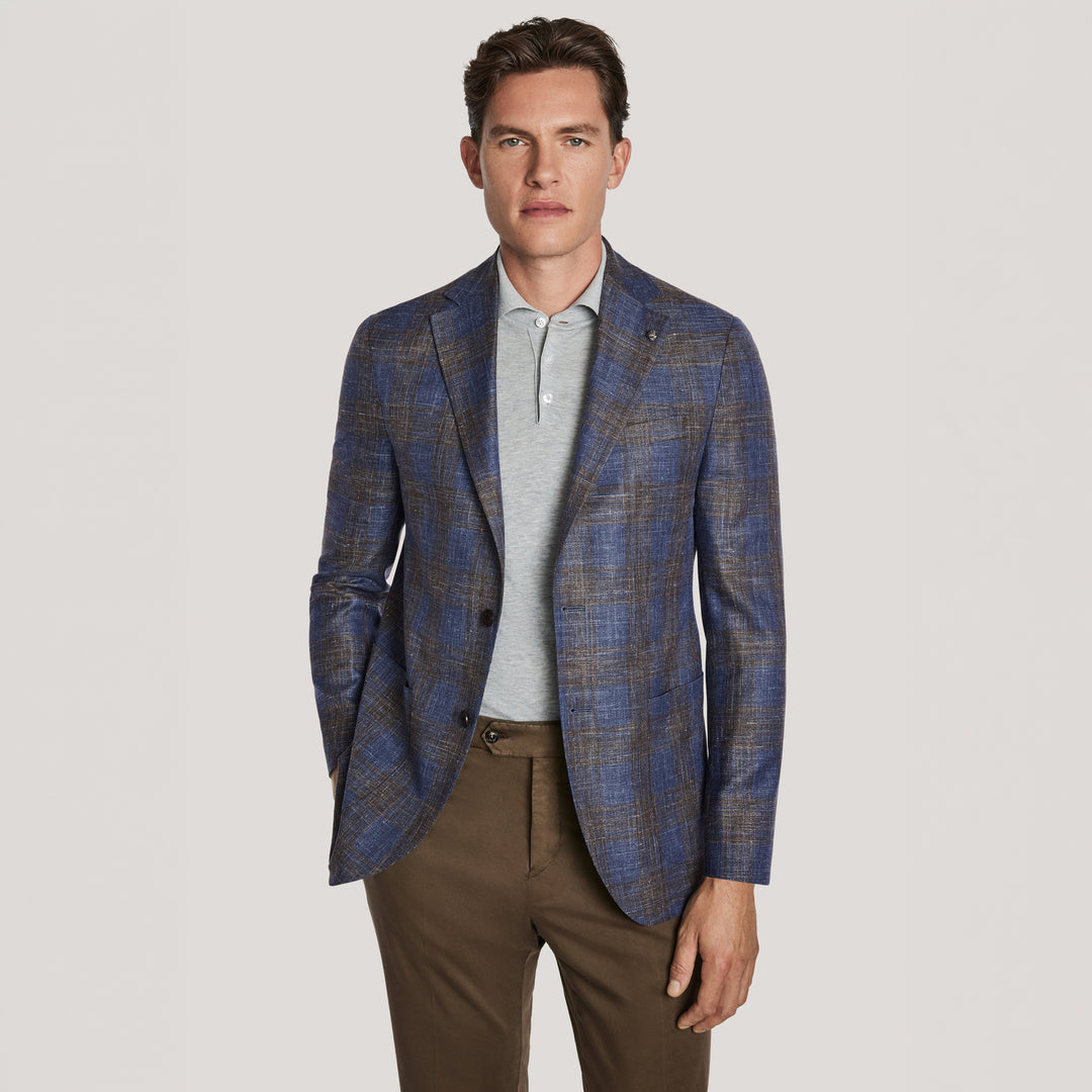 Blue & Brown Plaid Wool/Silk/Linen Hampton Contemporary Fit Sport Jacket - Jack Victor