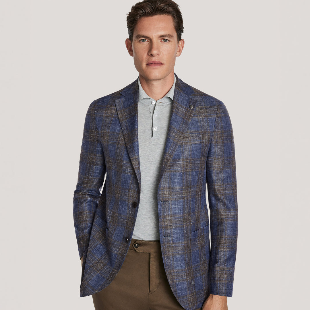 Blue & Brown Plaid Wool/Silk/Linen Hampton Contemporary Fit Sport Jacket - Jack Victor