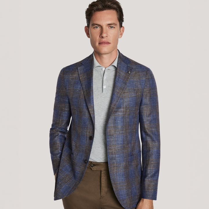 Blue & Brown Plaid Wool/Silk/Linen Hampton Contemporary Fit Sport Jacket - Jack Victor