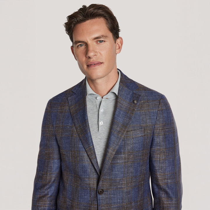 Blue & Brown Plaid Wool/Silk/Linen Hampton Contemporary Fit Sport Jacket - Jack Victor