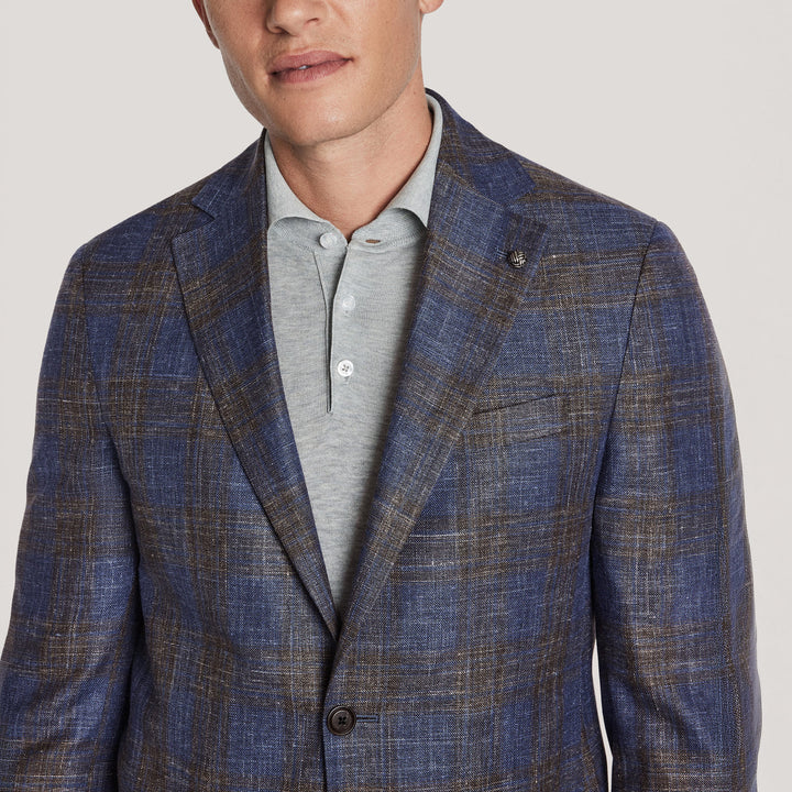 Blue & Brown Plaid Wool/Silk/Linen Hampton Contemporary Fit Sport Jacket - Jack Victor