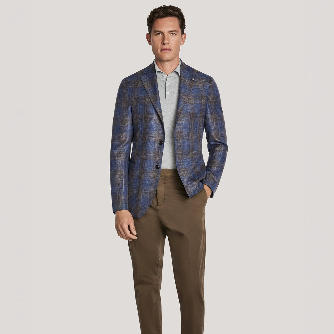 Blue & Brown Plaid Wool/Silk/Linen Hampton Contemporary Fit Sport Jacket - Jack Victor
