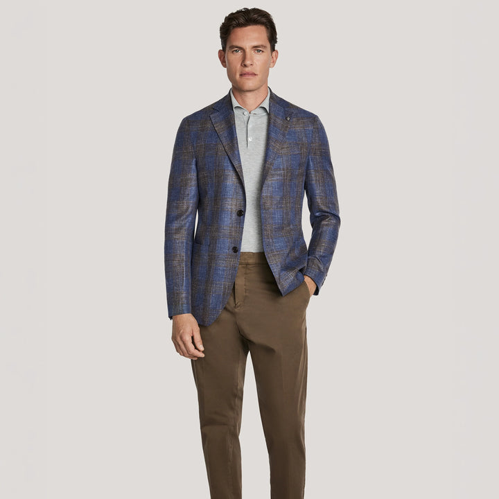 Blue & Brown Plaid Wool/Silk/Linen Hampton Contemporary Fit Sport Jacket - Jack Victor