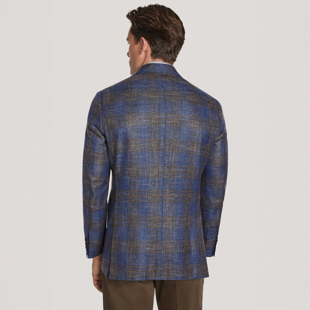 Blue & Brown Plaid Wool/Silk/Linen Hampton Contemporary Fit Sport Jacket - Jack Victor