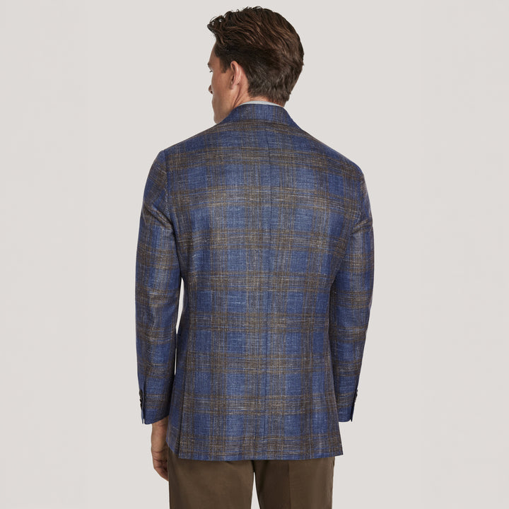 Blue & Brown Plaid Wool/Silk/Linen Hampton Contemporary Fit Sport Jacket - Jack Victor