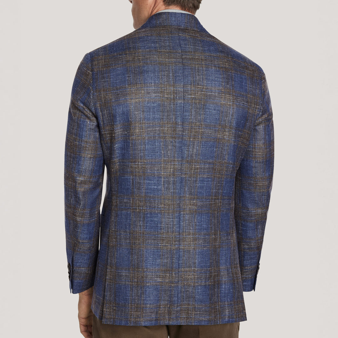 Blue & Brown Plaid Wool/Silk/Linen Hampton Contemporary Fit Sport Jacket - Jack Victor