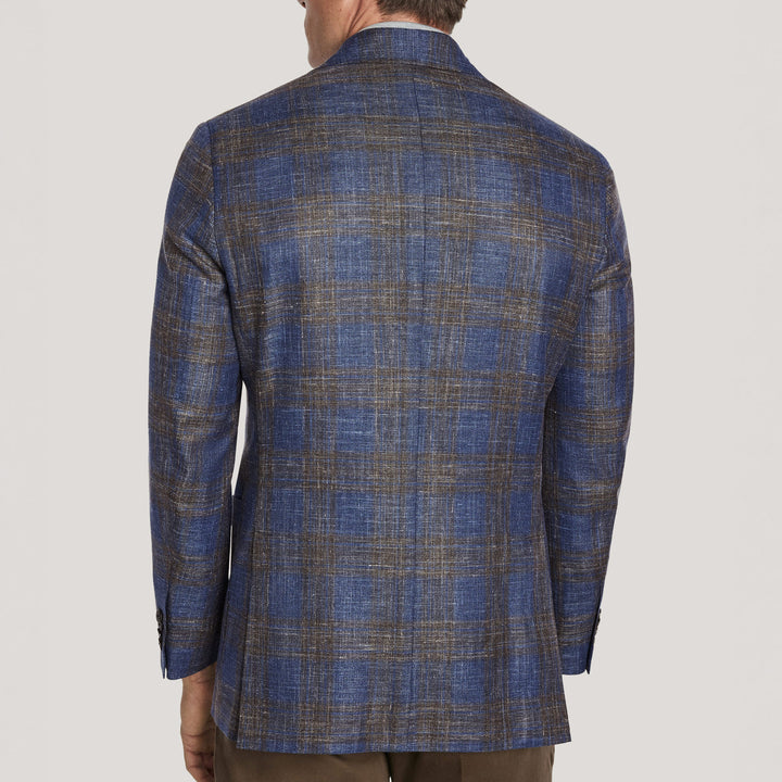 Blue & Brown Plaid Wool/Silk/Linen Hampton Contemporary Fit Sport Jacket - Jack Victor