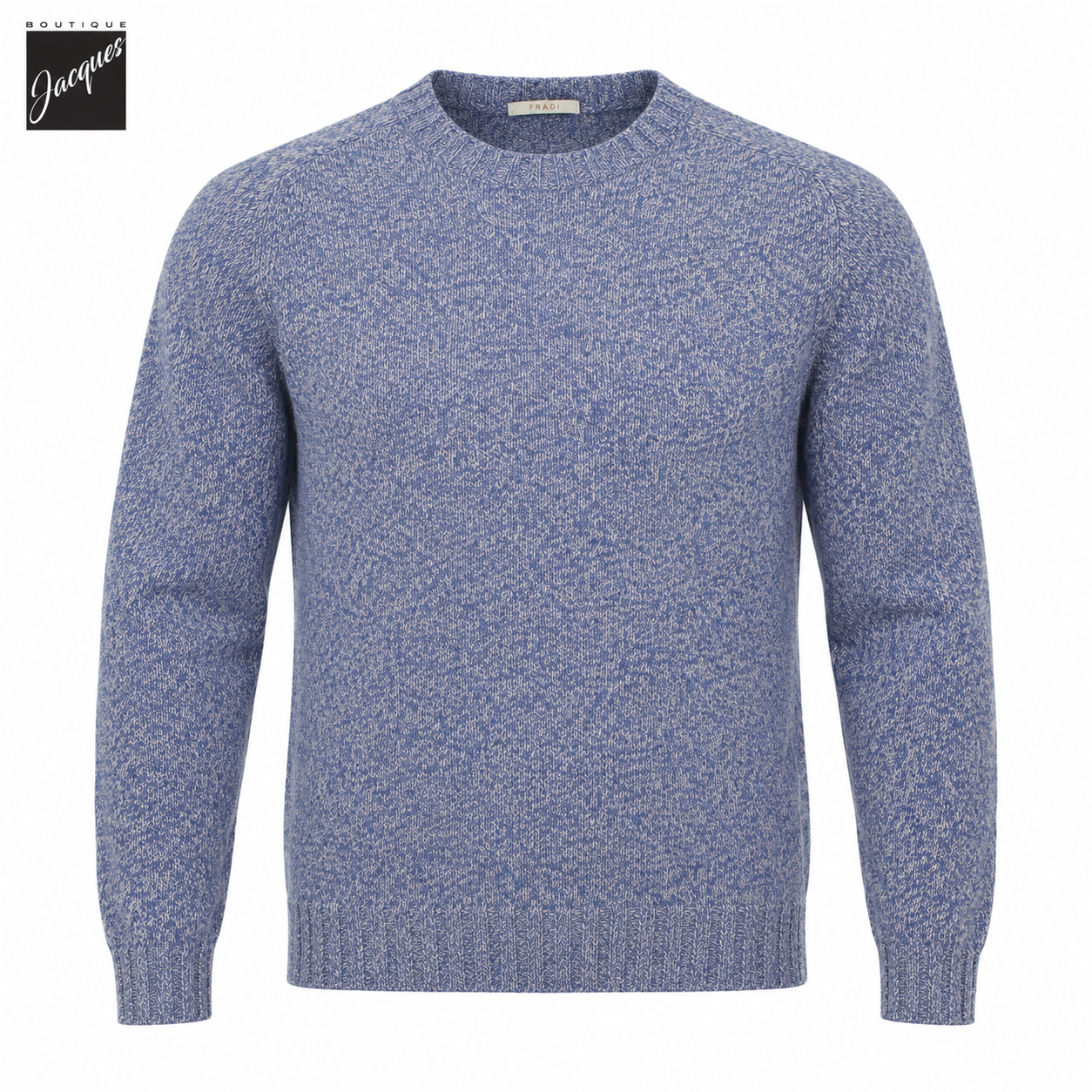 Pull col rond en laine et cachemire mélangés bleu denim et lait - Fradi