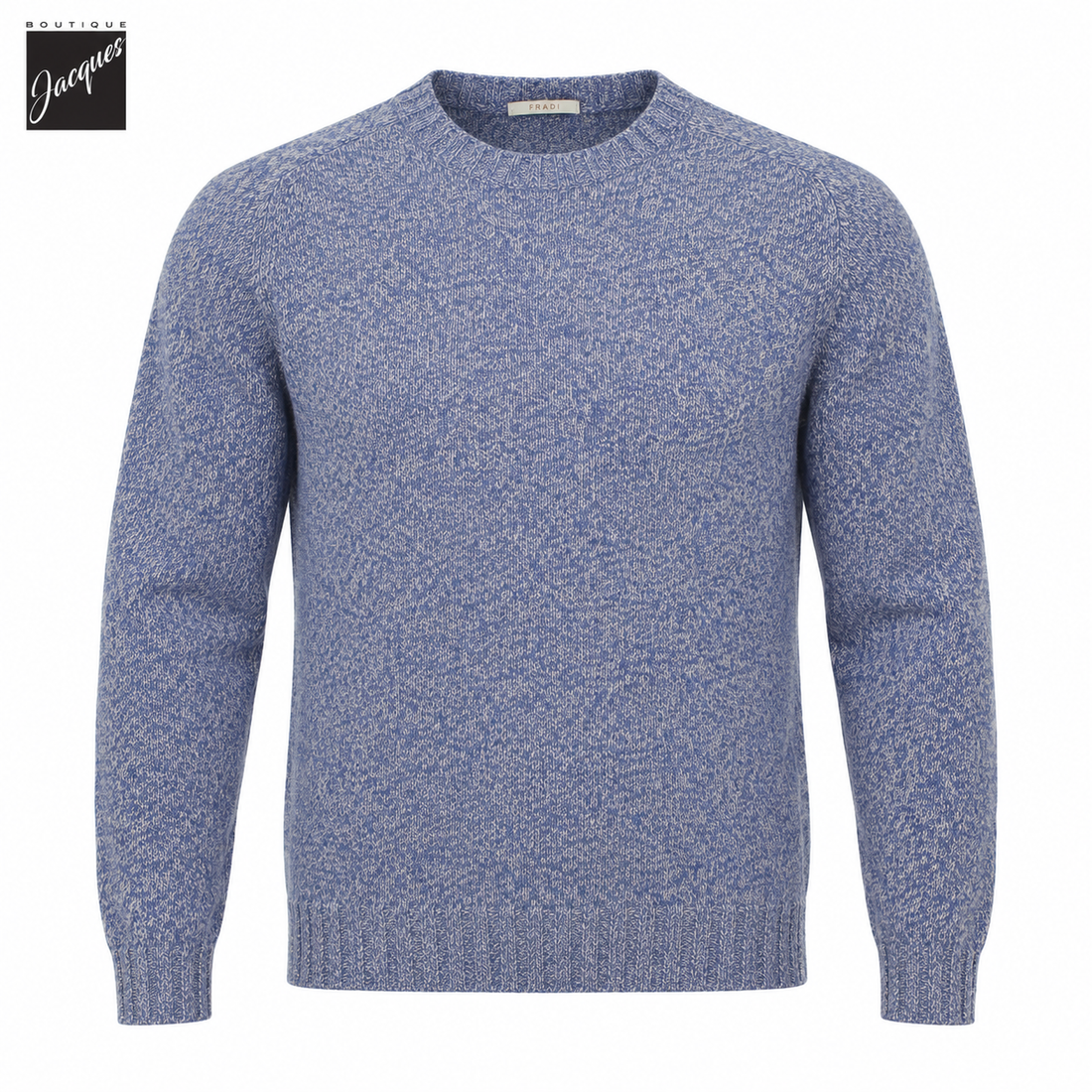 Pull col rond en laine et cachemire mélangés bleu denim et lait - Fradi