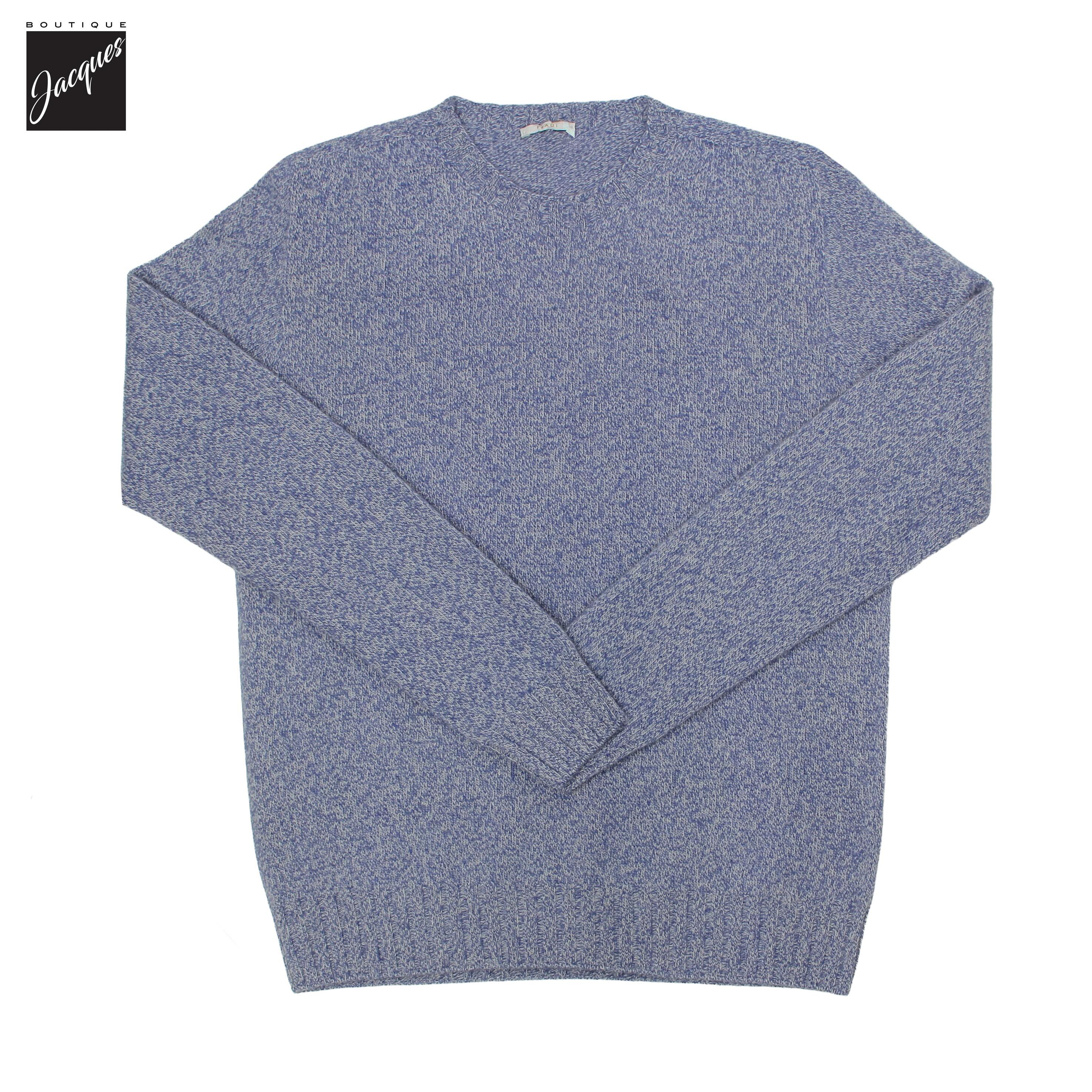 Pull col rond en laine et cachemire mélangés bleu denim et lait - Fradi