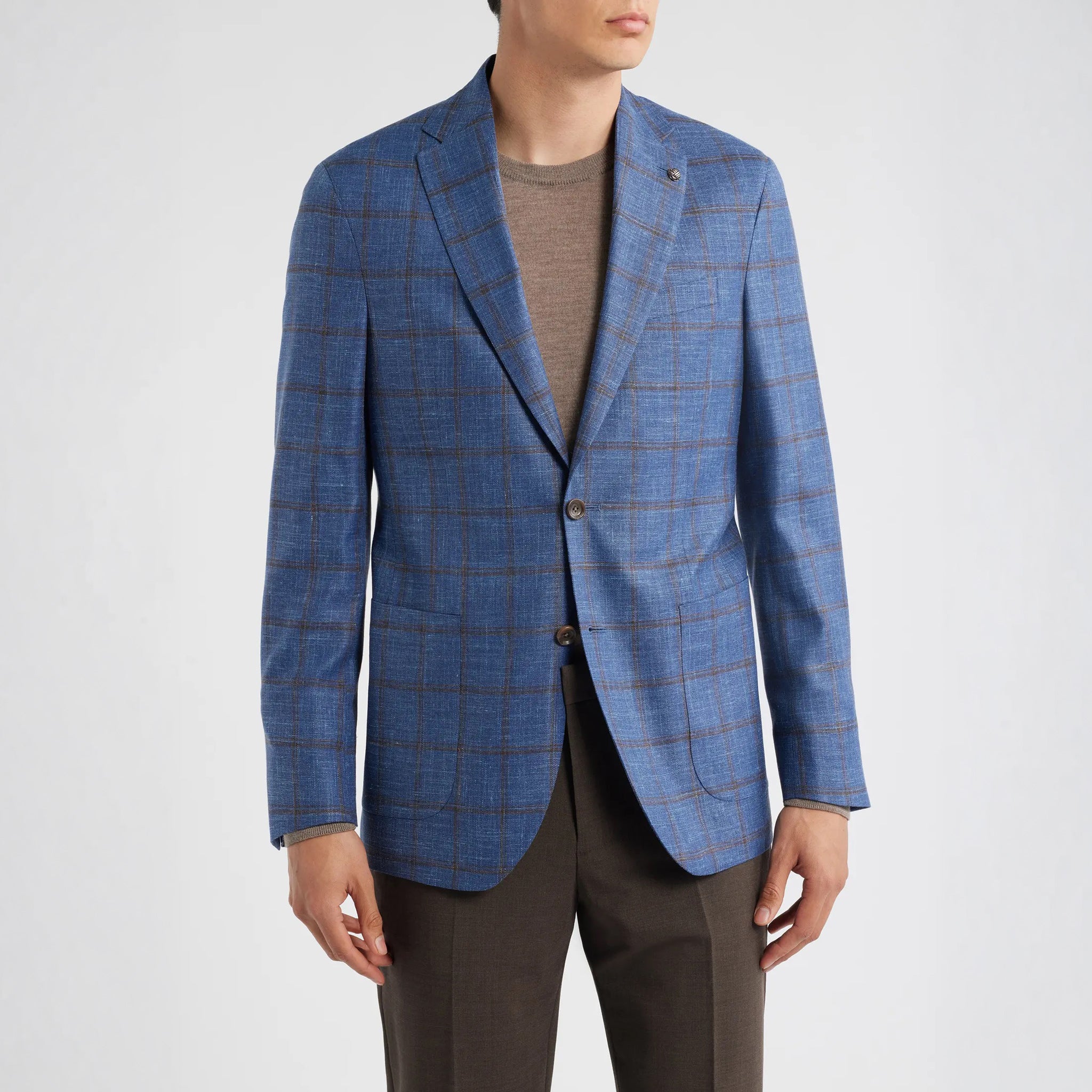 Blue & Brown Check Wool/Silk/Linen Hampton Contemporary Fit Sport Jacket - Jack Victor