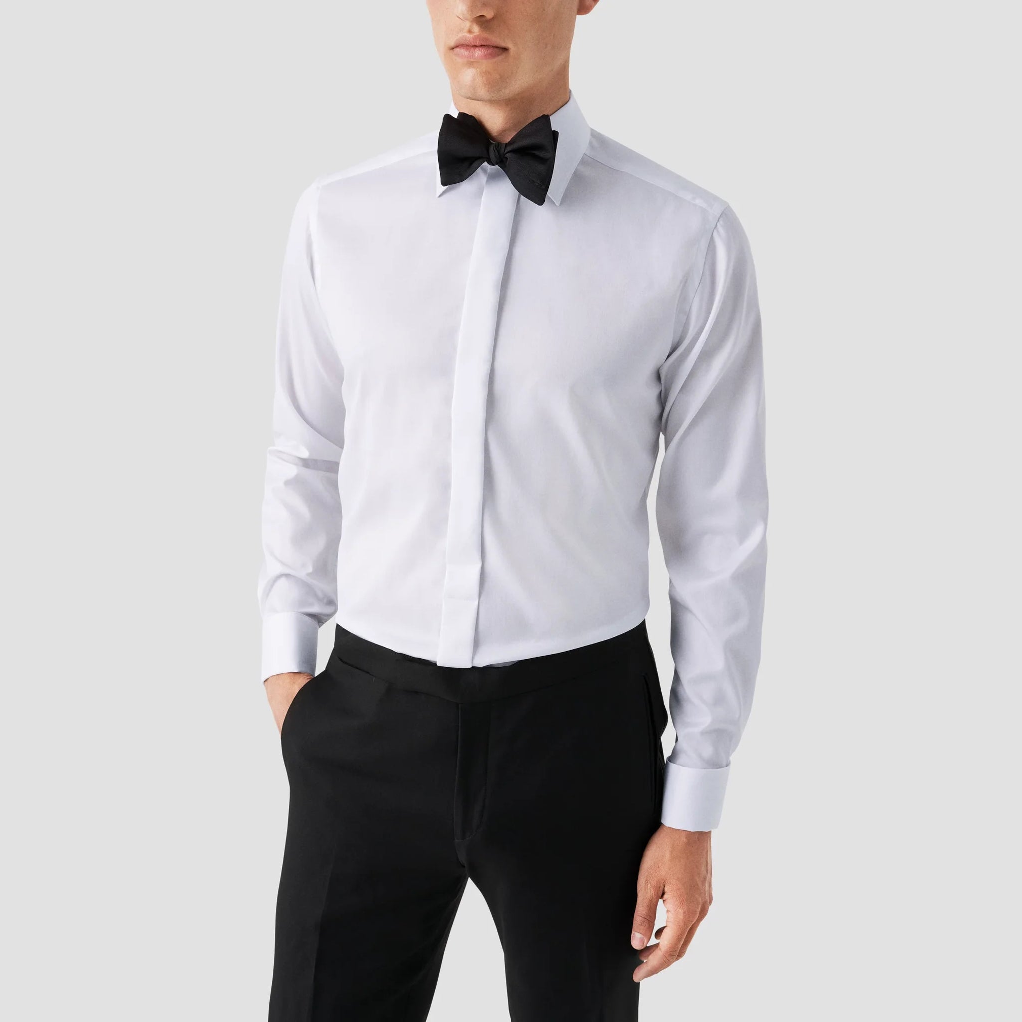 White Signature Twill Fly-Front Contemporary Fit Tuxedo Shirt - ETON