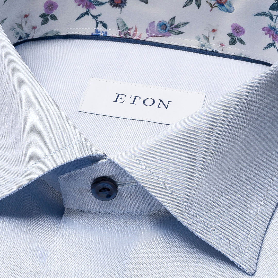 Light Blue Floral Print Trim Signature Twill Contemporary Fit Shirt - ETON