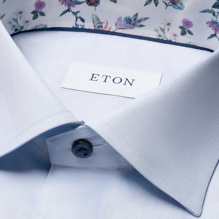 Light Blue Floral Print Trim Signature Twill Contemporary Fit Shirt - ETON