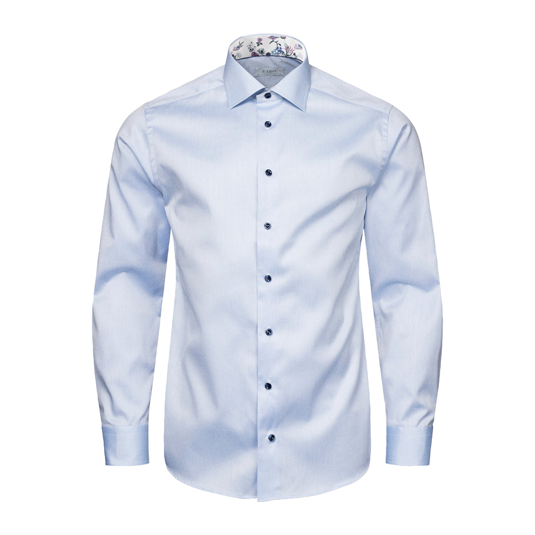 Light Blue Floral Print Trim Signature Twill Contemporary Fit Shirt - ETON