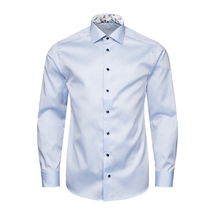 Light Blue Floral Print Trim Signature Twill Contemporary Fit Shirt - ETON
