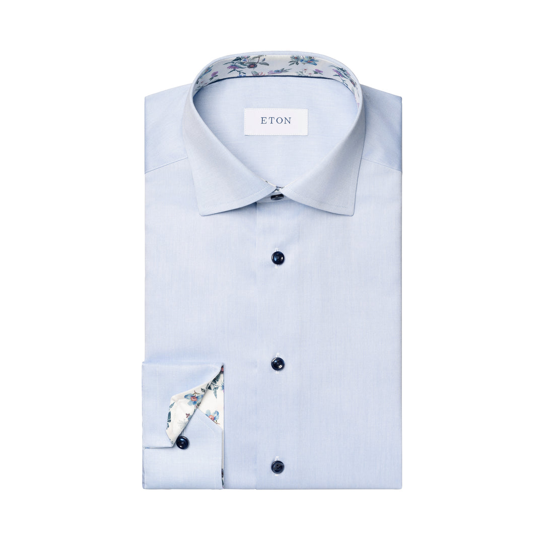 Light Blue Floral Print Trim Signature Twill Contemporary Fit Shirt - ETON