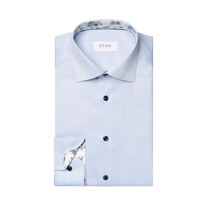 Light Blue Floral Print Trim Signature Twill Contemporary Fit Shirt - ETON