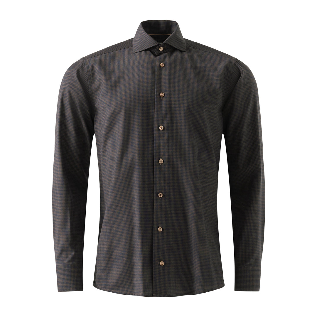 Dark Brown Micro Check Merino Wool Slim Fit Shirt - ETON