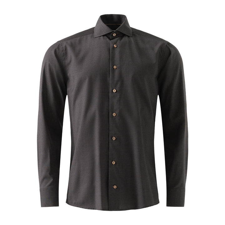 Dark Brown Micro Check Merino Wool Slim Fit Shirt - ETON