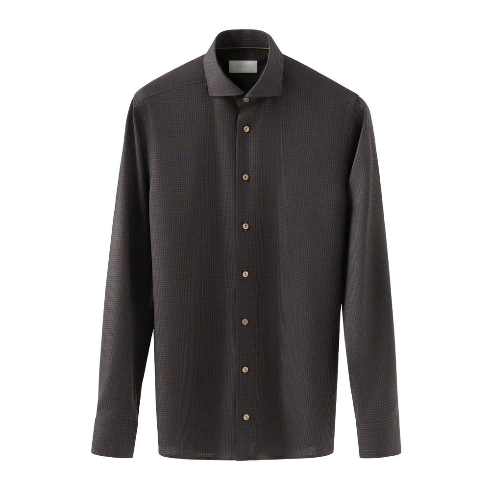Dark Brown Micro Check Merino Wool Slim Fit Shirt - ETON