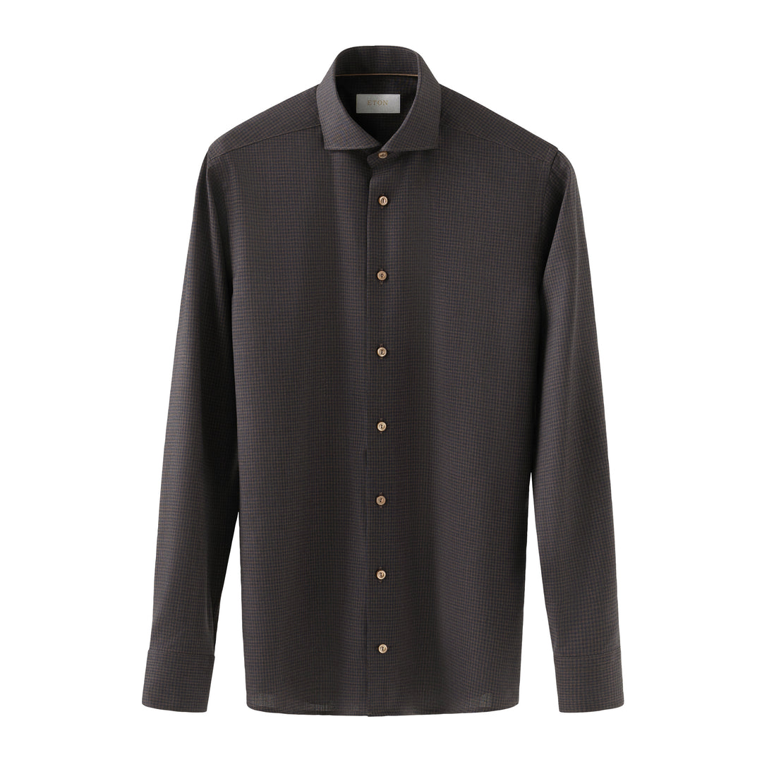 Dark Brown Micro Check Merino Wool Slim Fit Shirt - ETON