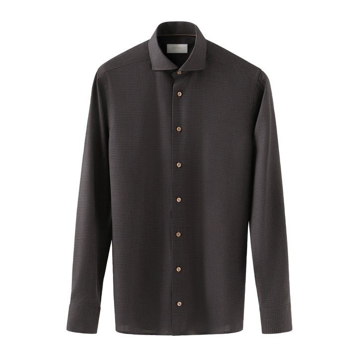 Dark Brown Micro Check Merino Wool Slim Fit Shirt - ETON