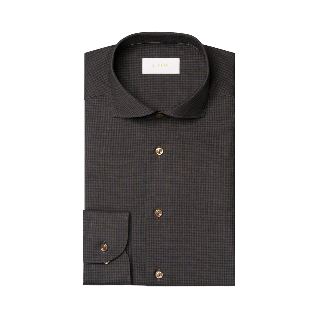 Dark Brown Micro Check Merino Wool Slim Fit Shirt - ETON