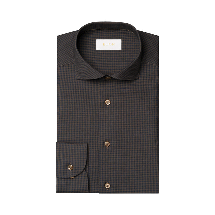 Dark Brown Micro Check Merino Wool Slim Fit Shirt - ETON