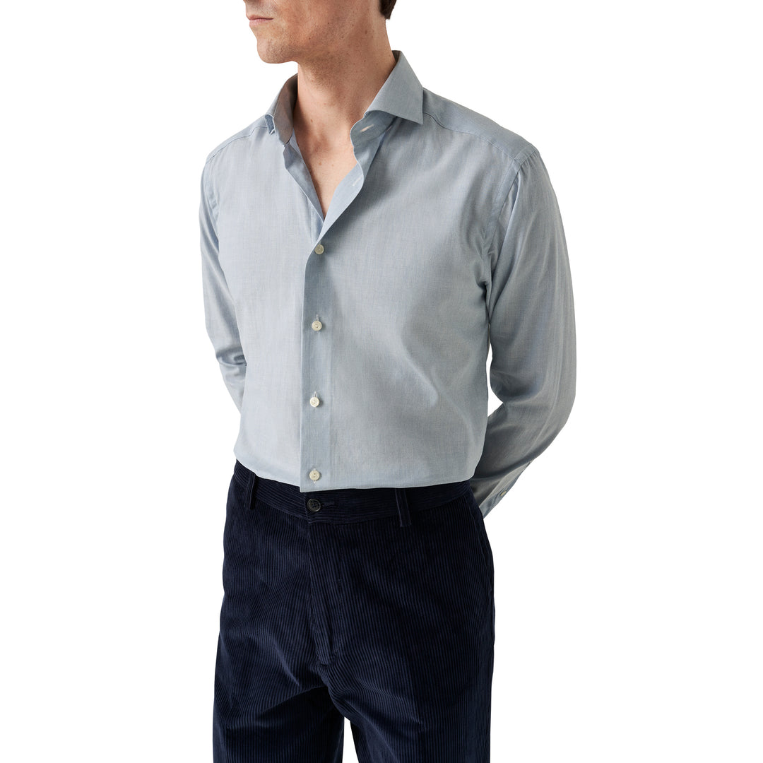 Light Blue Herringbone Light Weight Flannel Slim Fit Shirt - ETON