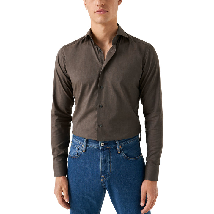 Dark Brown Herringbone Light Weight Flannel Slim Fit Shirt - ETON