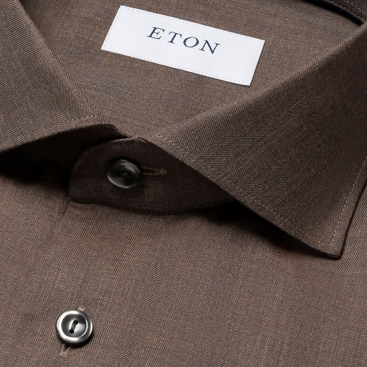 Dark Brown Herringbone Light Weight Flannel Slim Fit Shirt - ETON