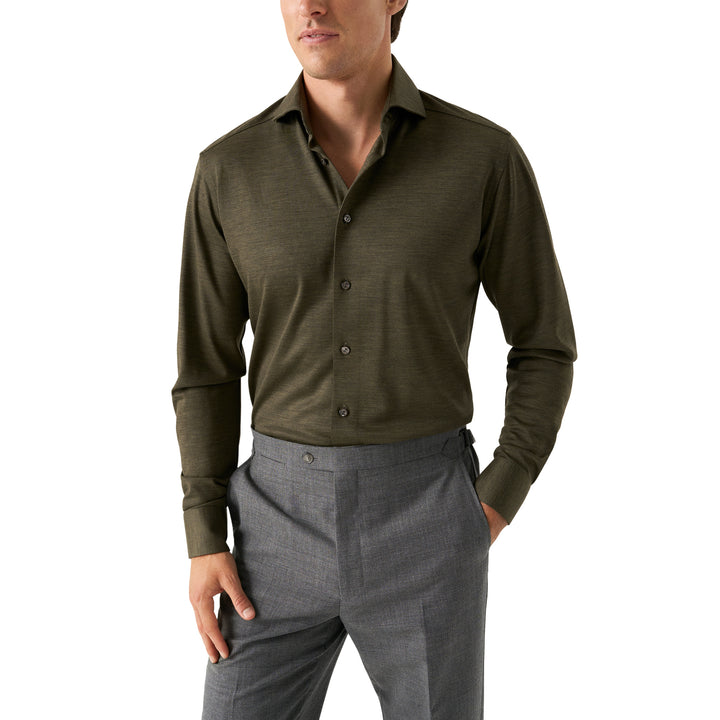Dark Green Solid Knitted Merino Wool Slim Fit Casual Shirt - ETON