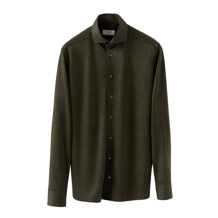Dark Green Solid Knitted Merino Wool Slim Fit Casual Shirt - ETON
