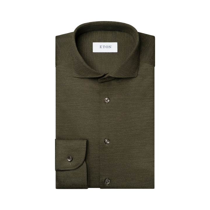 Dark Green Solid Knitted Merino Wool Slim Fit Casual Shirt - ETON