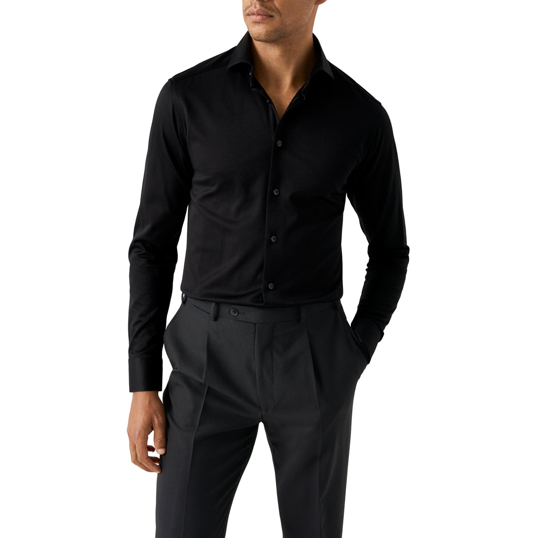 Black Solid Filo Di Scozia Knitted Jacquard Slim Fit Shirt - ETON
