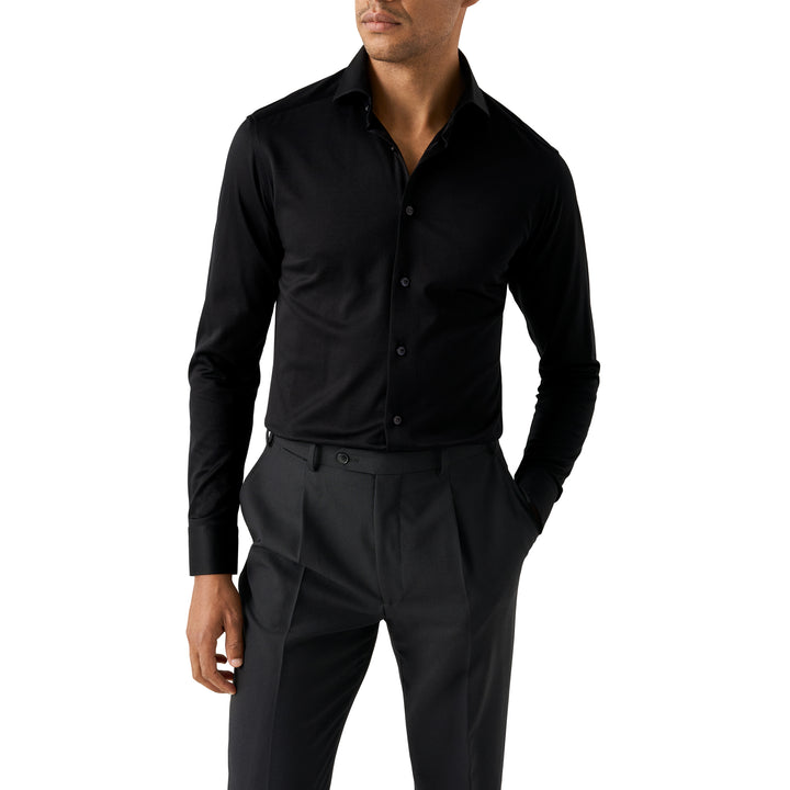 Black Solid Filo Di Scozia Knitted Jacquard Slim Fit Shirt - ETON