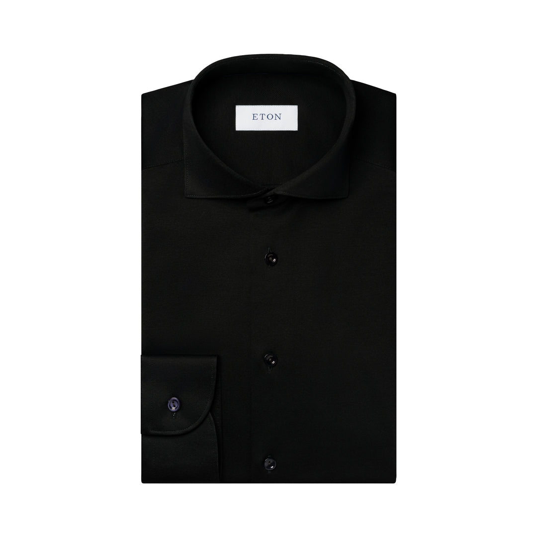 Black Solid Filo Di Scozia Knitted Jacquard Slim Fit Shirt - ETON
