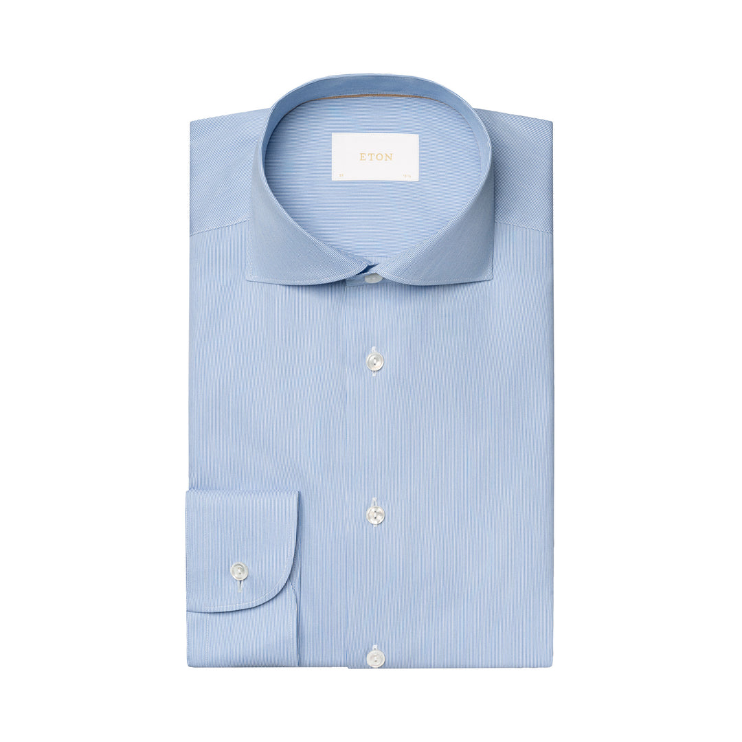 Blue Elevated Cotton-Silk Fine Stripe Slim Fit Dress Shirt