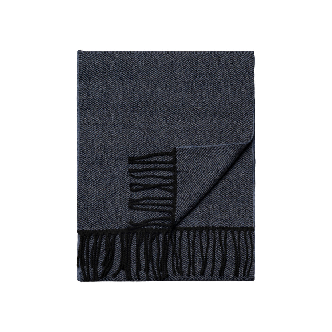 Navy Blue Herringbone Merino Wool Scarf - ETON