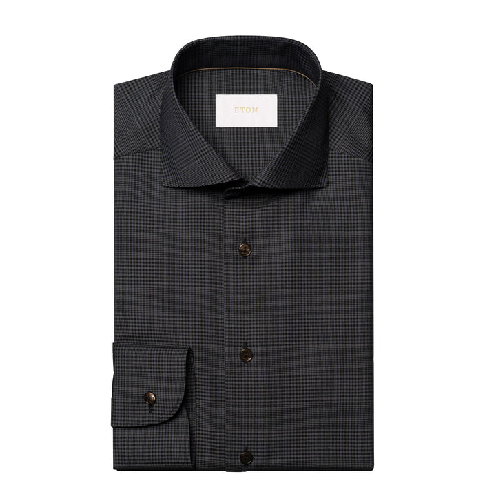 Dark Gray Check Merino Wool Slim Fit Shirt - ETON