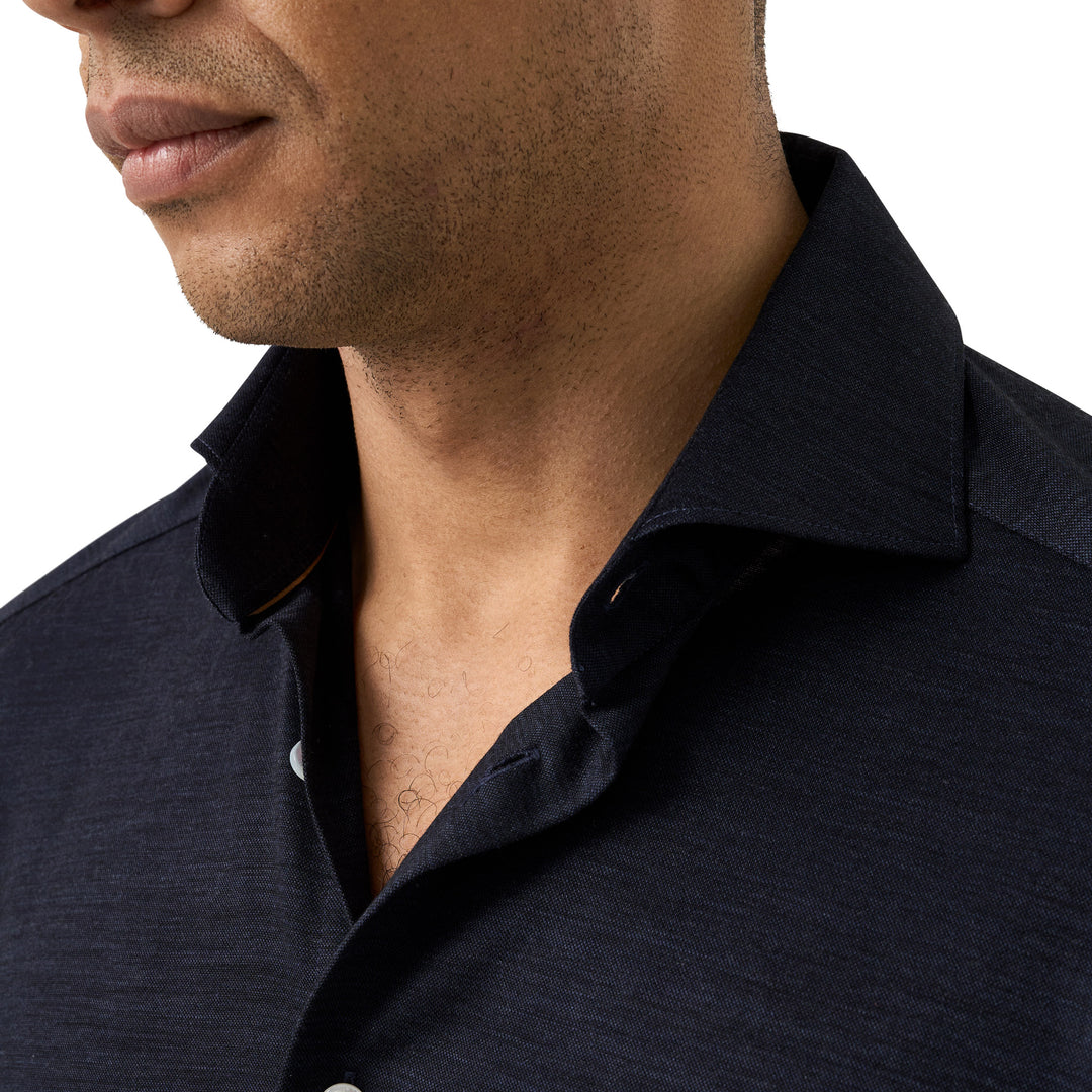 Navy Blue Knitted Merino-Lyocell Contemporary Fit Casual Shirt - ETON