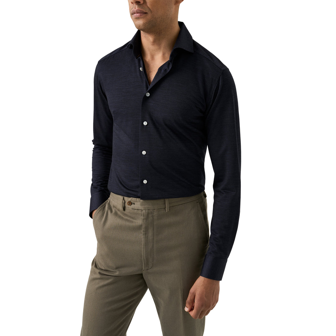 Navy Blue Knitted Merino-Lyocell Slim Fit Casual Shirt - ETON